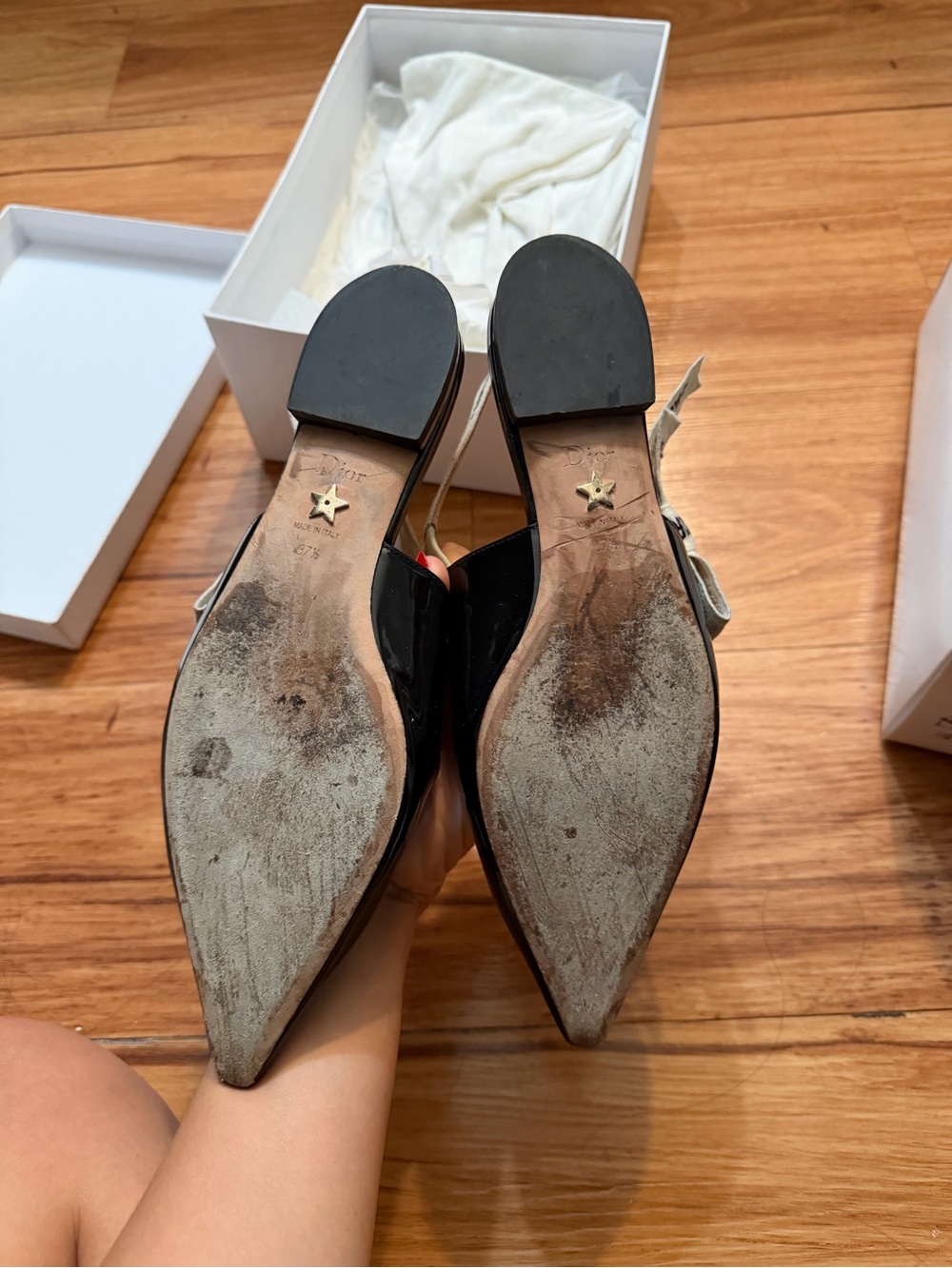 Dior Black Patent Pointed Slingback Mules with Cream Logo Straps - Picture 5 of 5